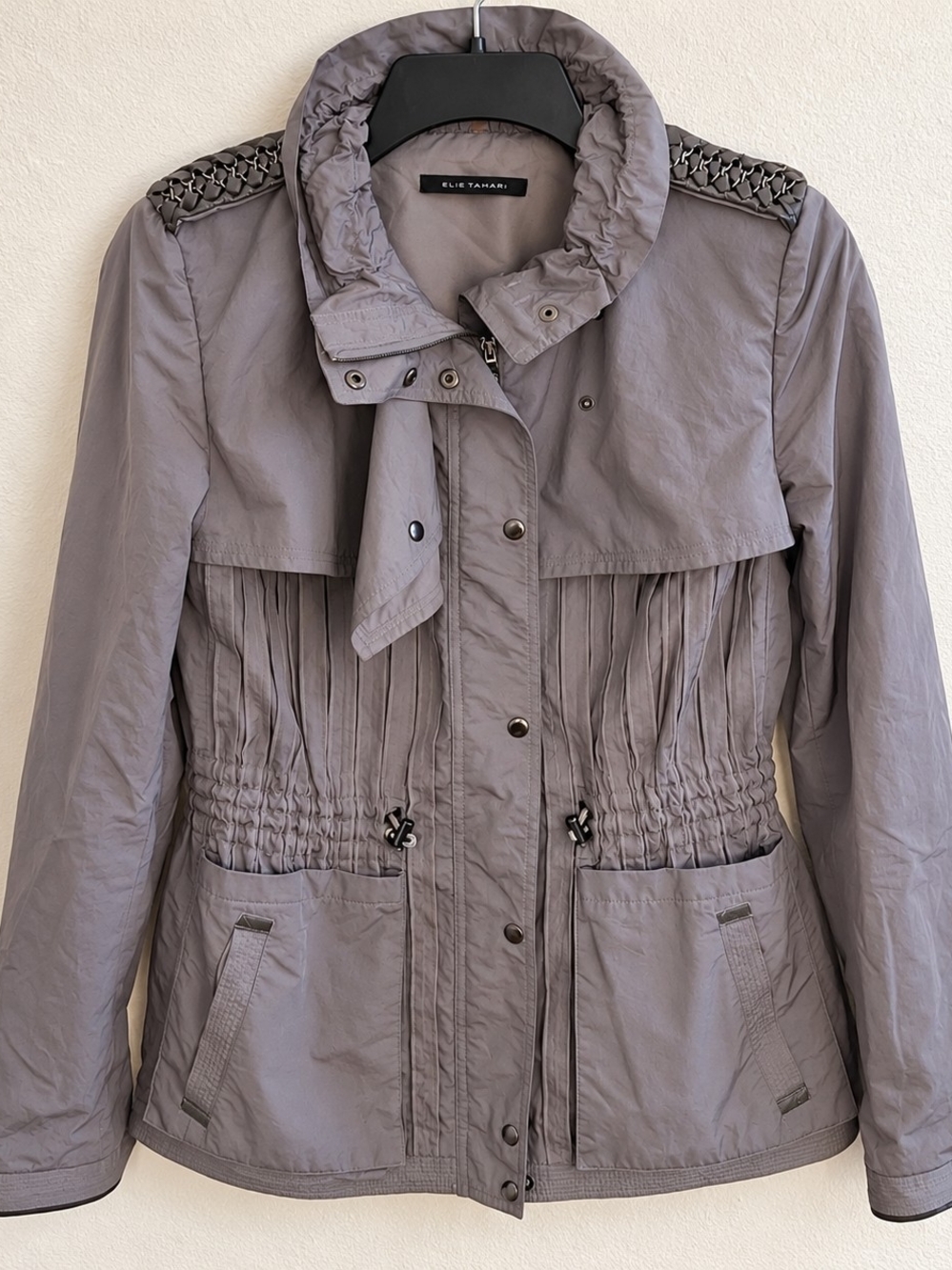 Elie Tahari Utility Jacket Woven Leather Chain Epaulets Pleated Waist XS